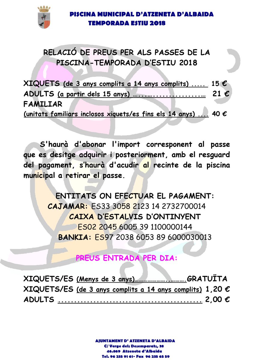🌞ESTIU 2018: A tots aquells que vulgueu refrescar-se durant l'estiu, ací vos deixem tota la informació necessària per a disfrutar de la nostra piscina municipal.  Que esperes per a tindre el teu passe? Jo ja tinc el meu!😎
