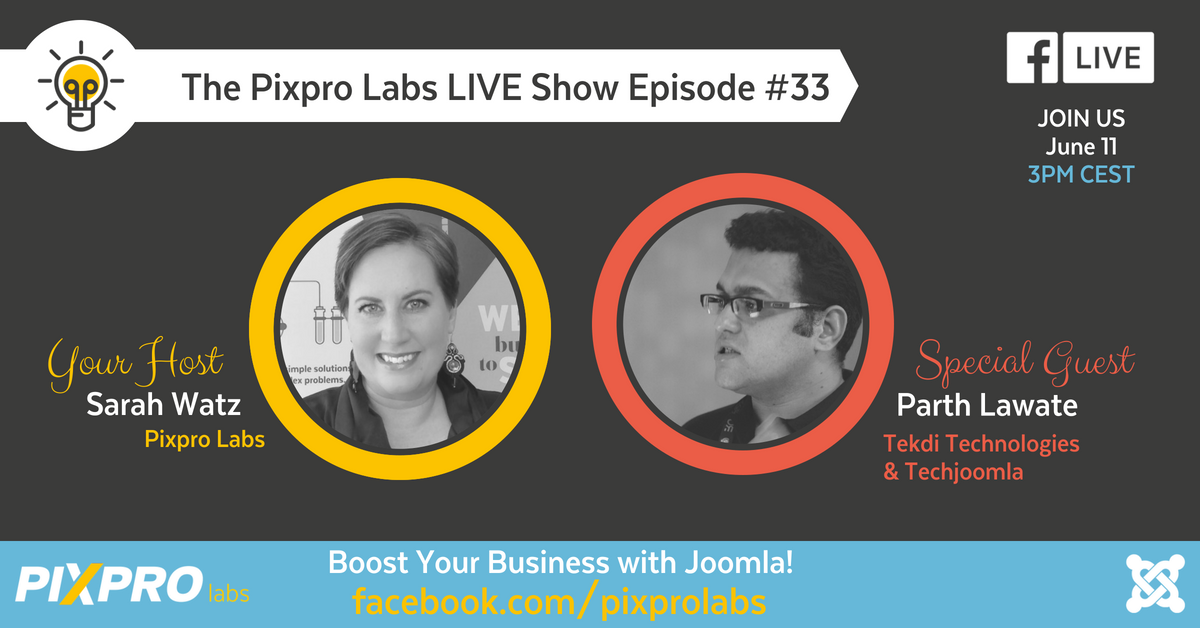 pixproglobal's tweet photo. Join @sarahwatz on @pixprolabs LIVE Show #33 with special guest @parthlawate from @techjoomla  in 5 minutes. https://t.co/ZxXr5aJTJD #joomla #business #grow https://t.co/GfGeKUOAN3