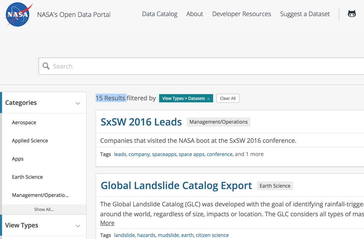 PetiteGuerriero's tweet photo. After #miniSpaceUp, looking for other datasets in the @NASA #OpenData Catalog https://t.co/I5dqprdDiD
At first: "woaw: 31503 Results!". And then, looking deeper:
-Datasets: 15 results
-Files & docs: 0
-Maps: 0
🤔My https://t.co/e6fJvYMAHJ portal has more REALLY usable data! 🙄 https://t.co/0Kpr4TVieI