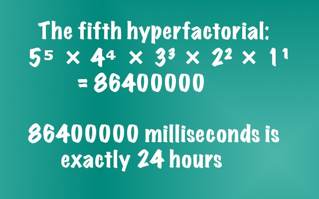 krishnab108's tweet photo. The fifth hyperfactorial: 5⁵ × 4⁴ × 3³ × 2² × 1¹ = 86400000.
86400000 milliseconds is exactly 24 hours.
Make the most of it. Enjoy.

#MondayMotivation #Productivity #Motivation  #Math https://t.co/yQEw1l9qDd