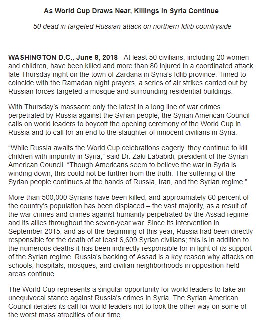 sa_council's tweet image. PRESS RELEASE: As World Cup Draws Near, Killings in #Syria Continue sacouncil.com.