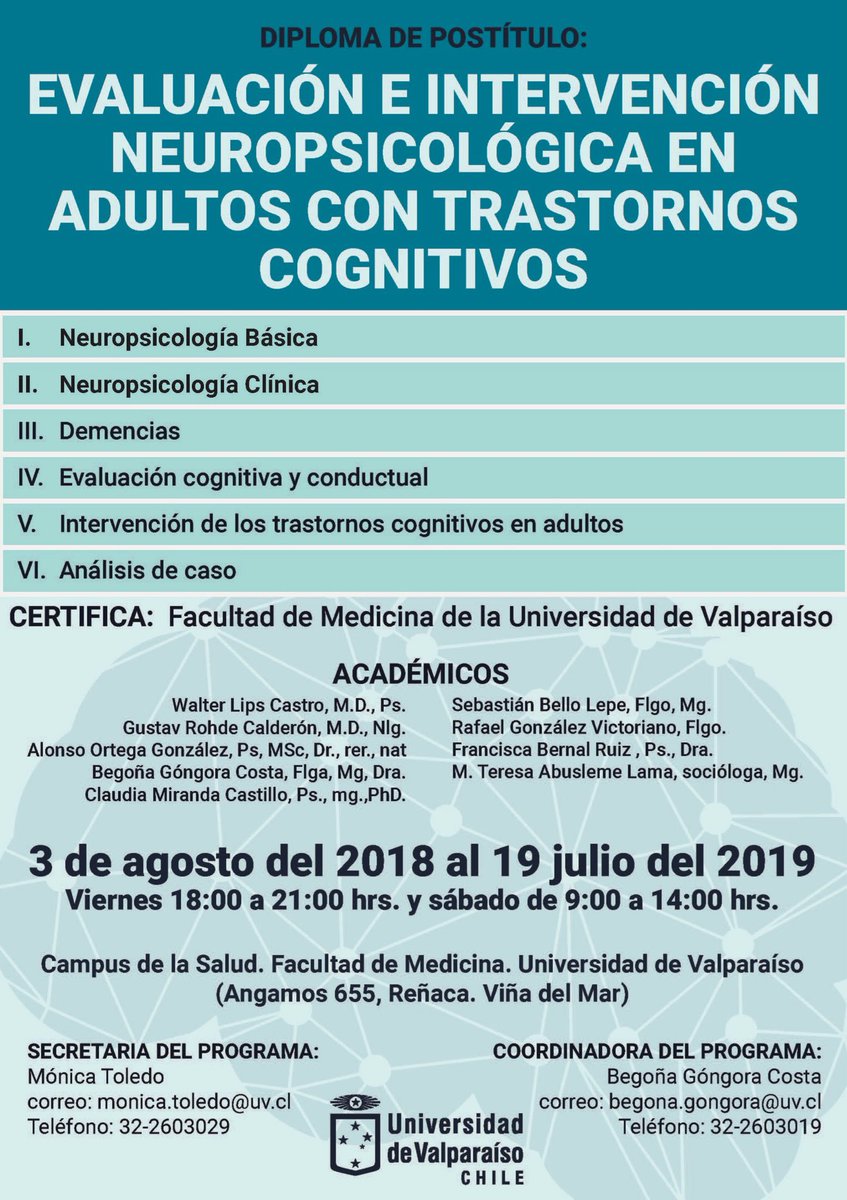 Fonoaudiología UV (@fonoudevalpo) on Twitter photo Diploma de postítulo en Evaluación e intervención neuropsicológica en adultos con trastornos cognitivos: II versión. Consultas sobre aranceles a monica.toledo@uv.cl Diploma de postítulo en Evaluación e intervención neuropsicológica en adultos con trastornos cognitivos: II versión. Consultas sobre aranceles a monica.toledo@uv.cl
