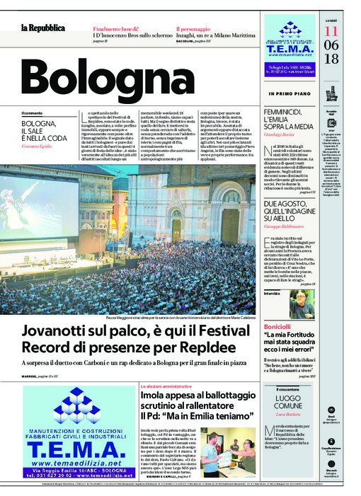 MicheleLapini's tweet photo. Buona l'ultima! La mia #fotografia sulla #primapagina di @rep_bologna per l'ultima notte di @RepIdee a #Bologna con #Jovanotti e #Calabresi. #repidee18 #piazzamaggiore #photojournalism #giornalismo #repubblica #RepIdee2018 #night #lastday https://t.co/WqS6Np087Z
