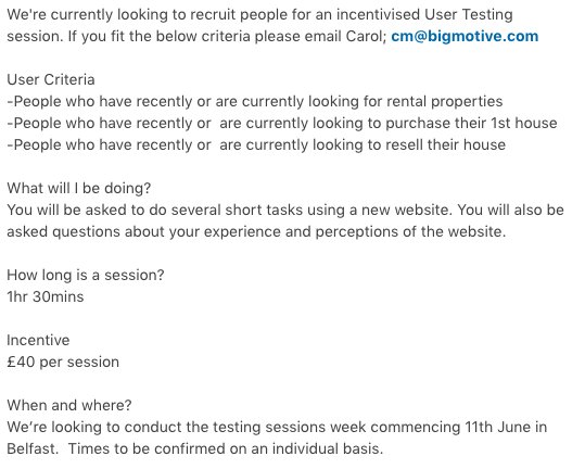 big_motive's tweet image. We're currently looking to recruit people for an incentivised User Testing session. Contact Carol cm@bigmotive.com if you fit into the below criteria.
#UXTesting #Belfast #UserTesting