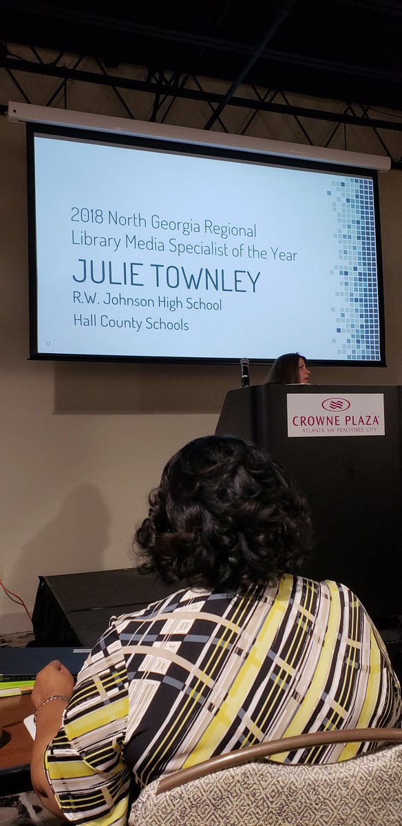 KandisThomas's tweet photo. Congratulations Julie Townley on 2018 NG Regional Library Media Specialist of the Year.  @hallcomedia #GLMASI18 https://t.co/RmdHyOydjU