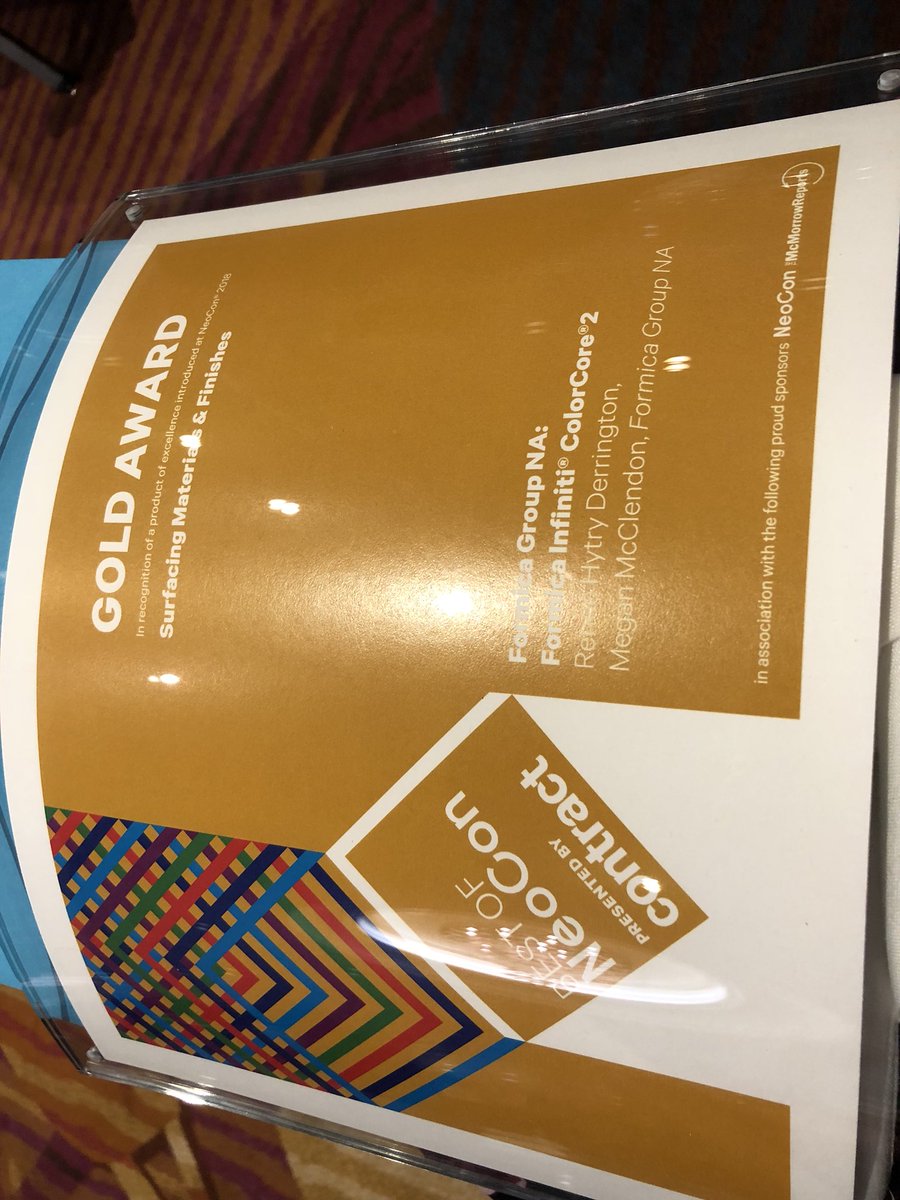 amy_gath's tweet photo. Starting #NeoCon2018 with a W!  Congrats Team Formica &amp; thanks @contractmag!  #neocon50 #formicagroup  @reneedesigngal https://t.co/oM3zOc6PSz