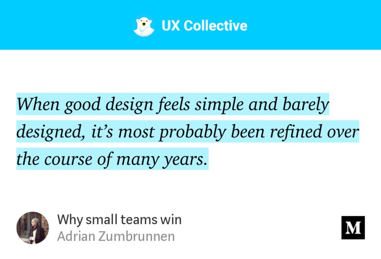 "Why small teams win" - <a href="/azumbrunnen_/">Adrian Zumbrunnen</a> uxdesign.cc/why-small-team…