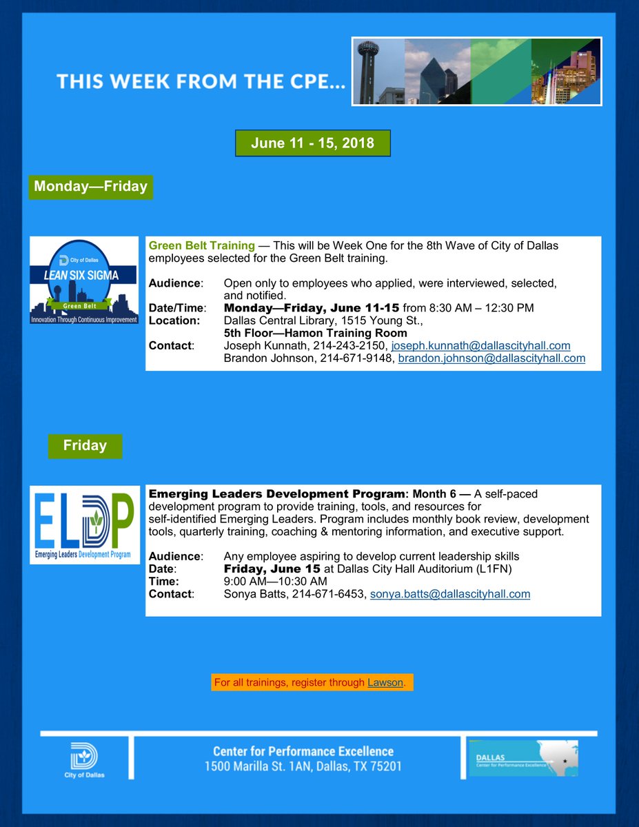 CODCPEdissolved's tweet photo. Good morning @CityOfDallas Employees.  Here is the latest edition of "This Week from CPE..."

#EmergingLeaders &amp; #LeanSixSigma #GreenBelt https://t.co/l5YC6Wbrsw