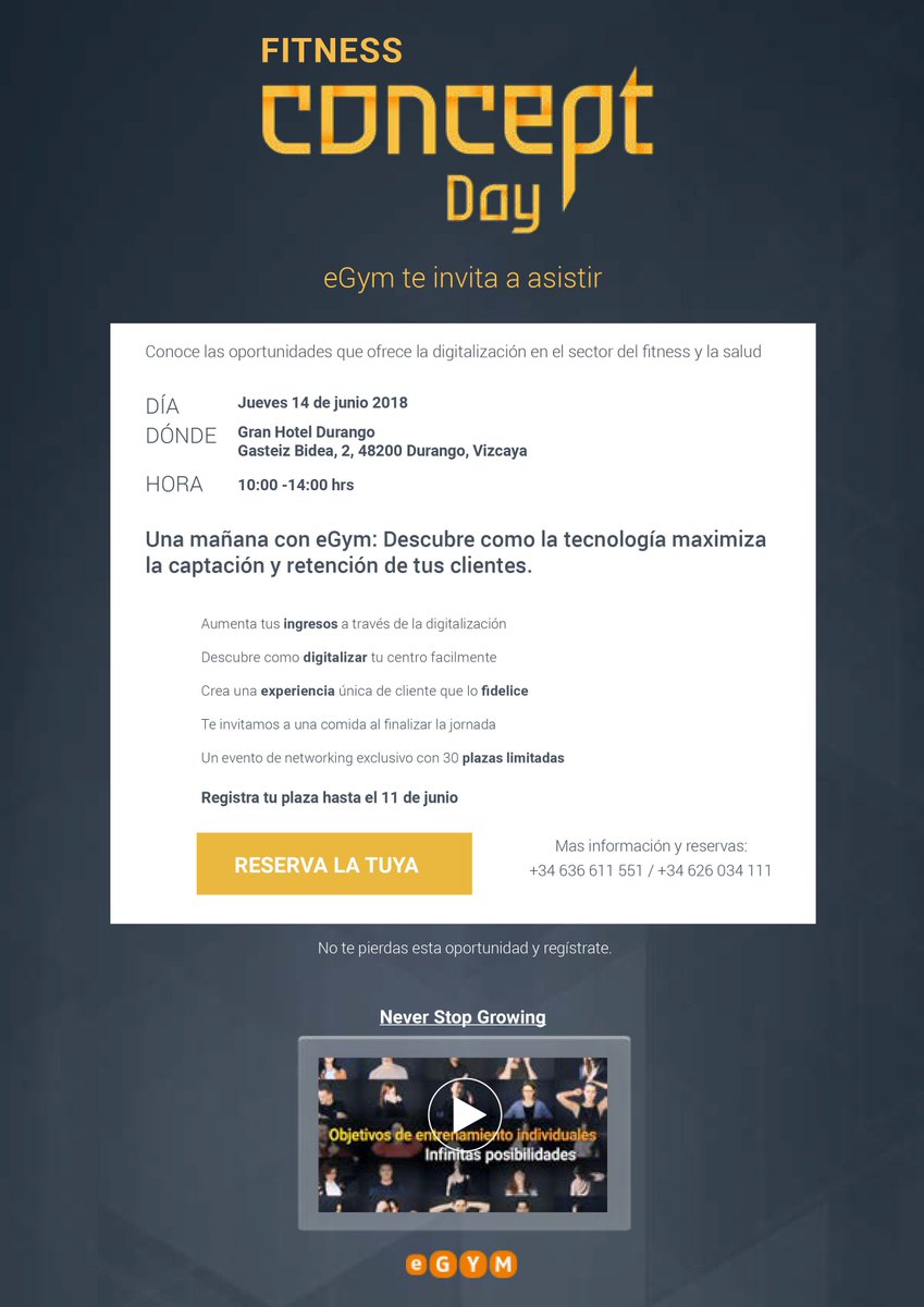 eGym te invita a asistir a su próximo Concept Day en el País Vasco, en la localidad Vizcaína de Durango. Un mañana en la que descubrirás con eGym como la tecnología maximiza la captación y retención de tus clientes.
¡Te esperamos!