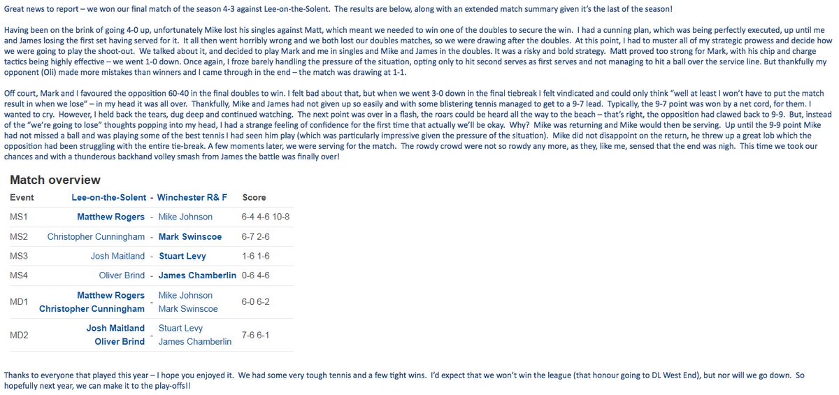 Thought you might enjoy seeing the captain's full match report from our men's Team Tennis county division last match - it's a classic 😂