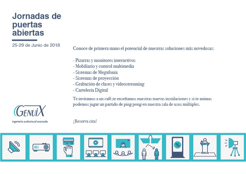 GenuixAudio's tweet photo. La semana del 25 al 29 de junio, podréis conocer las últimas soluciones audiovisuales para Centros Educativos en nuestras Jornadas de puertas abiertas. Reserva tu visita en: info@genuix.es
#Tecnología #AV #Colegios https://t.co/UIZdyQ5JOB