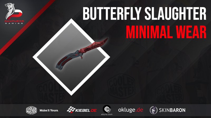 Together with <a href="/SkinBaronDE/">SkinBaron.de</a> we are giving away a #BUTTERFLY #Slaughter
ingame skin for @csgo_dev in minimal wear condition.
The winner will be drawn on July, 1st and will be contacted by dm.

To enter the #raffle just follow <a href="/pnthrsgg/">PANTHERS Gaming</a> and retweet =)

#win #raffle #skin #csgo