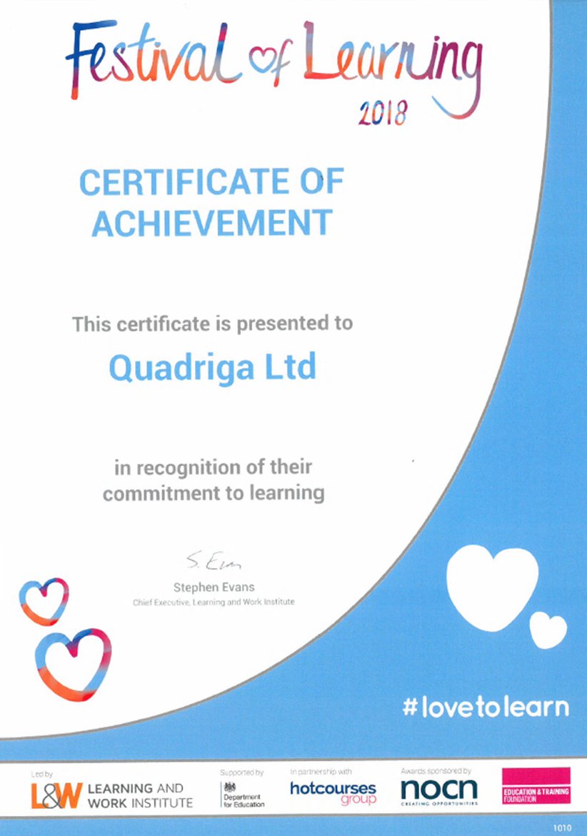 We're so pleased to have been awarded a Certificate of Achievement from  <a href="/festival_learn/">Festival of Learning</a> in recognition of our commitment to learning and developing #lovetolearn #education #development