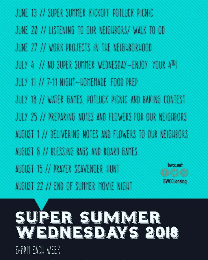 BWCCLansing's tweet photo. #SuperSummerWednesday kicks off this week at 6! Potluck picnic + water balloons = a great time. Don’t miss it, or the rest of our SSW gatherings! https://t.co/Hyti3etuYS