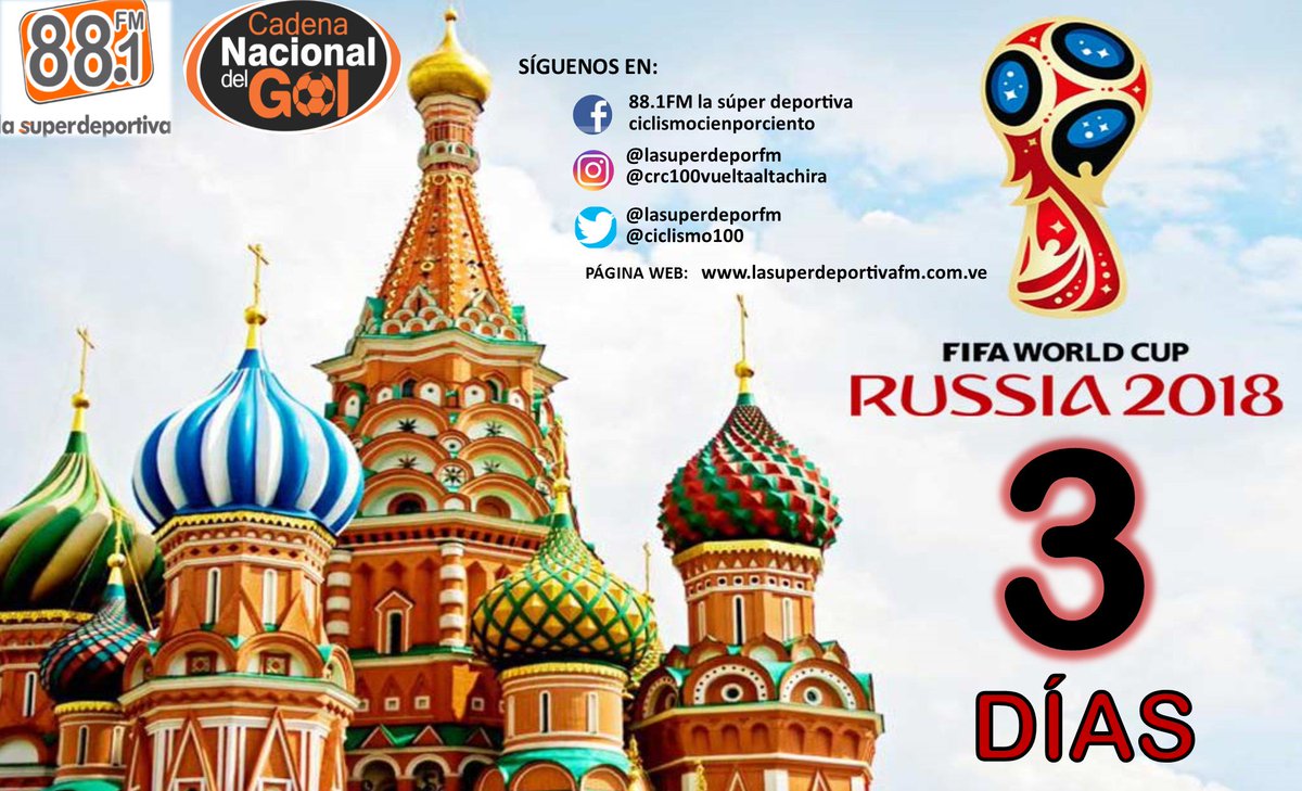 0️⃣3️⃣⏳
SOLO 03 DÍAS para el comienzo del🇷🇺MUNDIAL RUSIA 2018🇷🇺️
y nuestro equipo de la 88.1FM LA SÚPER DEPORTIVA esta preparado para llevarles toda la información de este GRAN EVENTO DEPORTIVO