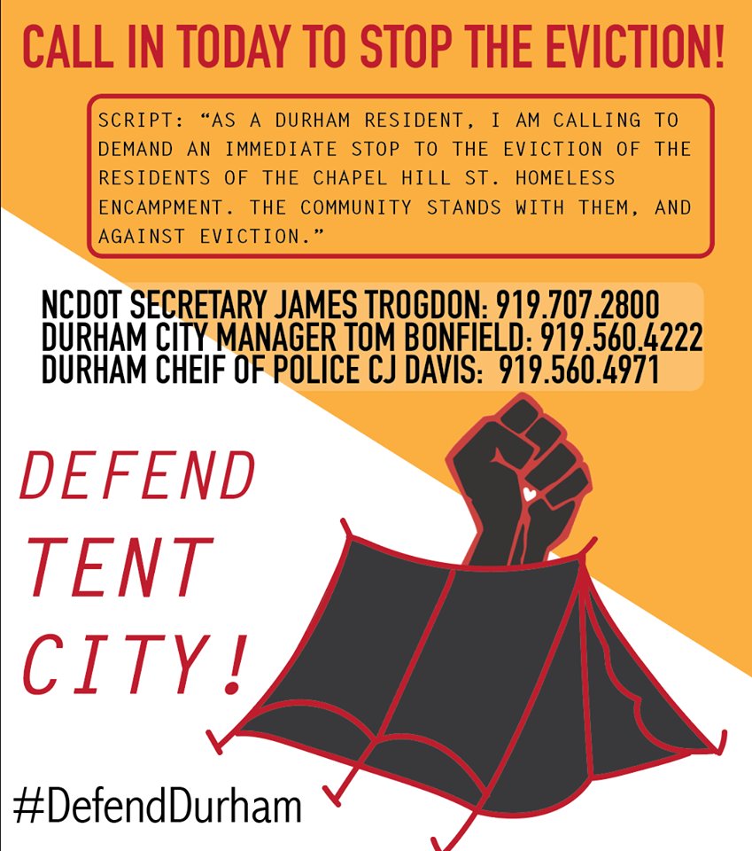 ntranloan's tweet photo. URGENT: Call in today to say "HANDS OFF THE ENCAMPMENT!"
Defend the residents of the tent encampment! #DefendDurham #HousingIsARight
NCDOT Secretary James Trogdon: 919-707-2800
Durham City Manager Tom Bonfield: 919-560-4222
Durham Chief of Police CJ Davis: 919-560-4971 https://t.co/8hH7wlAGLh