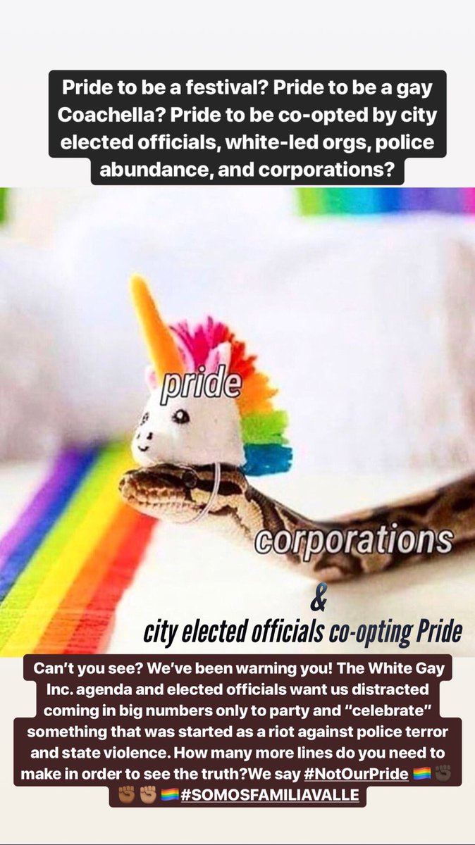 SFVmovement's tweet photo. Can’t you see? We’ve been warning you! The White Gay Inc. agenda and elected officials want us distracted coming in big numbers only to party and “celebrate” something that was started as a riot against police terror and state violence. We say #NotOurPride 🏳️🌈✊🏿✊🏾✊🏽 https://t.co/kukh2ZxoRQ