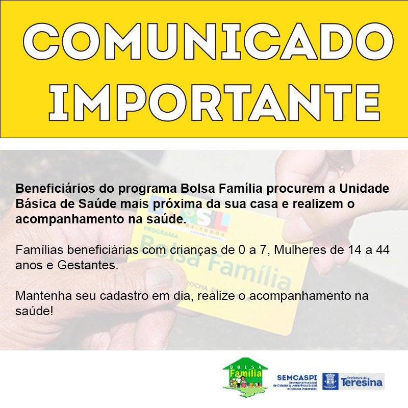semcaspi's tweet photo. ATENÇÃO! Você que recebe o #BolsaFamília, fique atento ao cumprimento das condicionalidades para não ter o benefício suspenso ou bloqueado.
#Semcaspi #Saúde https://t.co/6h5ukZde1E