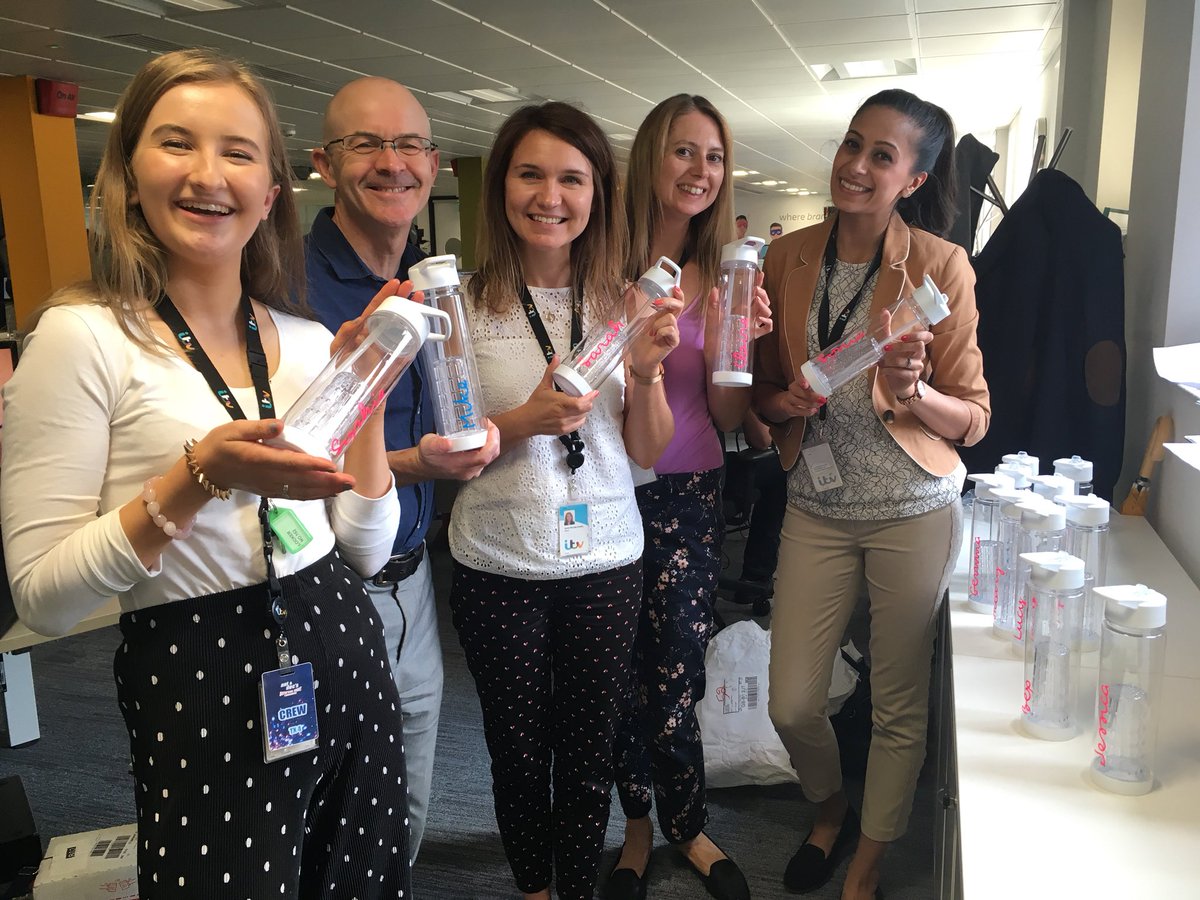 lizhannam's tweet photo. So the personalised #SoccorAid water bottles have arrived. I have never seen the @ITVCentral newsroom so excited. (Don’t look @HilsF1970 ) https://t.co/dMX9ZsTfs9
