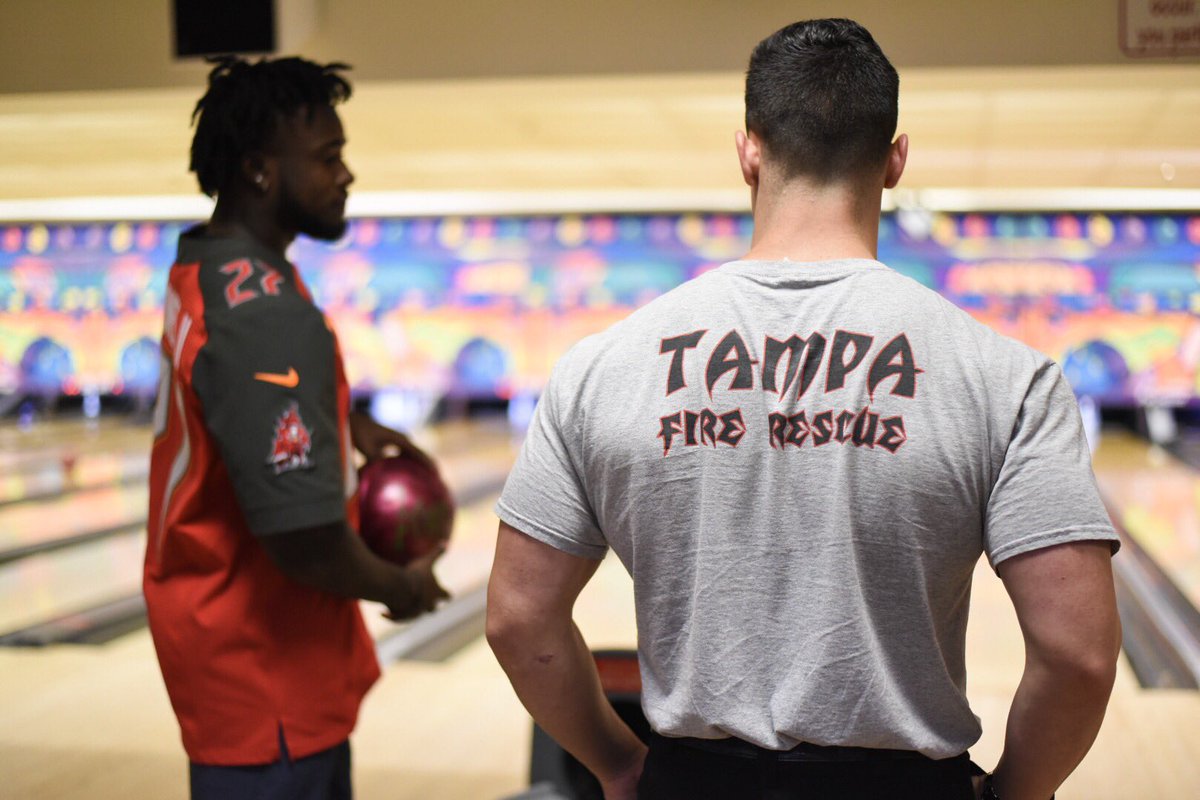 Buccaneers's tweet photo. Rooks meet rooks 😎 Both Bucs and Tampa Fire Rescue rookies are facing off with a bowling tourney this Monday morning!

#GoBucs☠️ https://t.co/VsuutR4nez