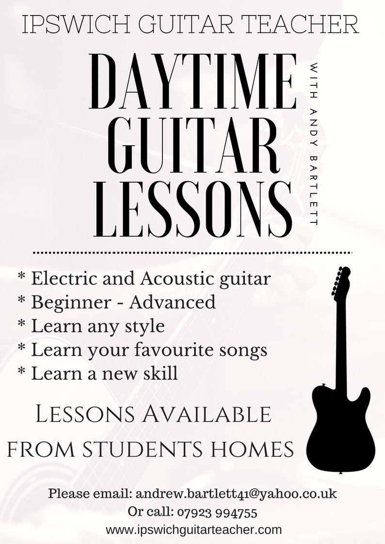 I have lots of flexible daytime lesson slots available, perfect for anyone who is retired, works from home or for home schooled children 🎸🎸🎸

Ipswich Guitar Teacher - Andy Bartlett 
07923 994755
#ipswichguitarteacher #ipswich #guitar #lessons #acoustic #electric #andybartlett