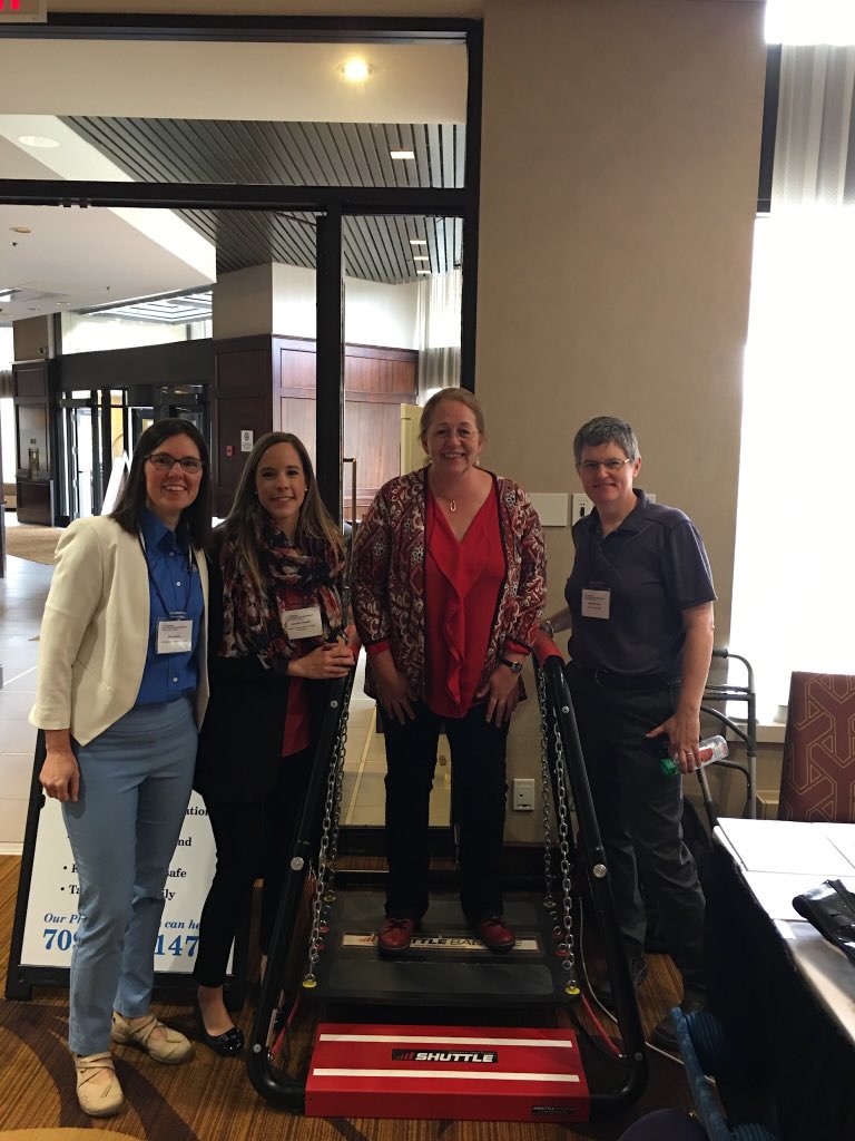 NlBalance's tweet photo. Dr. Dawn Skelton (Glasgow Caledonian University) trying our balance equipment at the 4th Canadian Fall Prevention Conference (Sheraton Hotel). Also in photo Jeanette Byrne (MUN HKR), Jennifer Russell (ACIP), and Kim Furlong (NL Balance &amp;Dizziness Centre) 
#fallprevention2018 https://t.co/JABKQuzczN