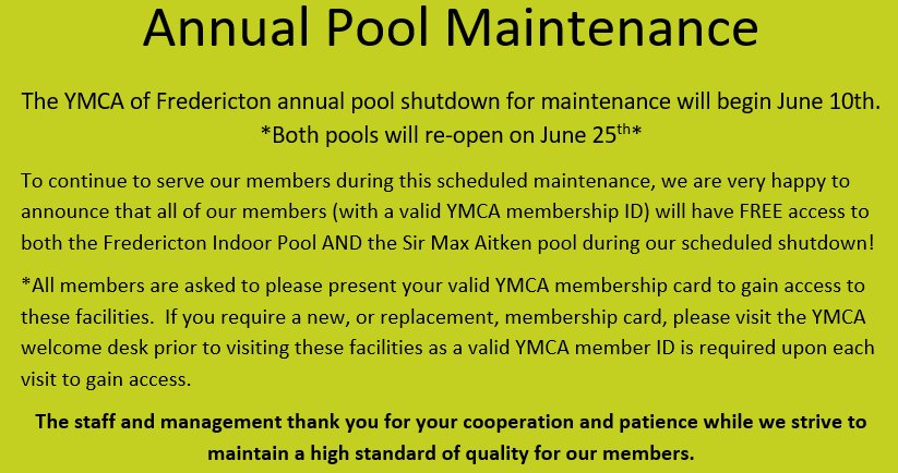 IMPORTANT REMINDER
Pool closure effective TODAY until June 25th (re-opening date)
Alternate pools are available to our members during this time. Please see announcement for details. Thank you!