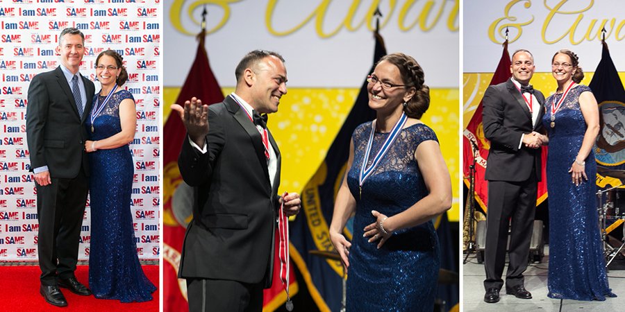 SchnabelEng's tweet photo. Pics just in from 5/25 @same_hq JETC gala &amp; kudos to @SharonKrock, who was presented w/ the President’s Medal by outgoing national prez. Sal Nodjomian and supported by spouse Brad. The new medal pairs nicely w/ her blue ribbon Fellows medal! #Congrats #honored #achievetodream https://t.co/ad6Fg0uG2g
