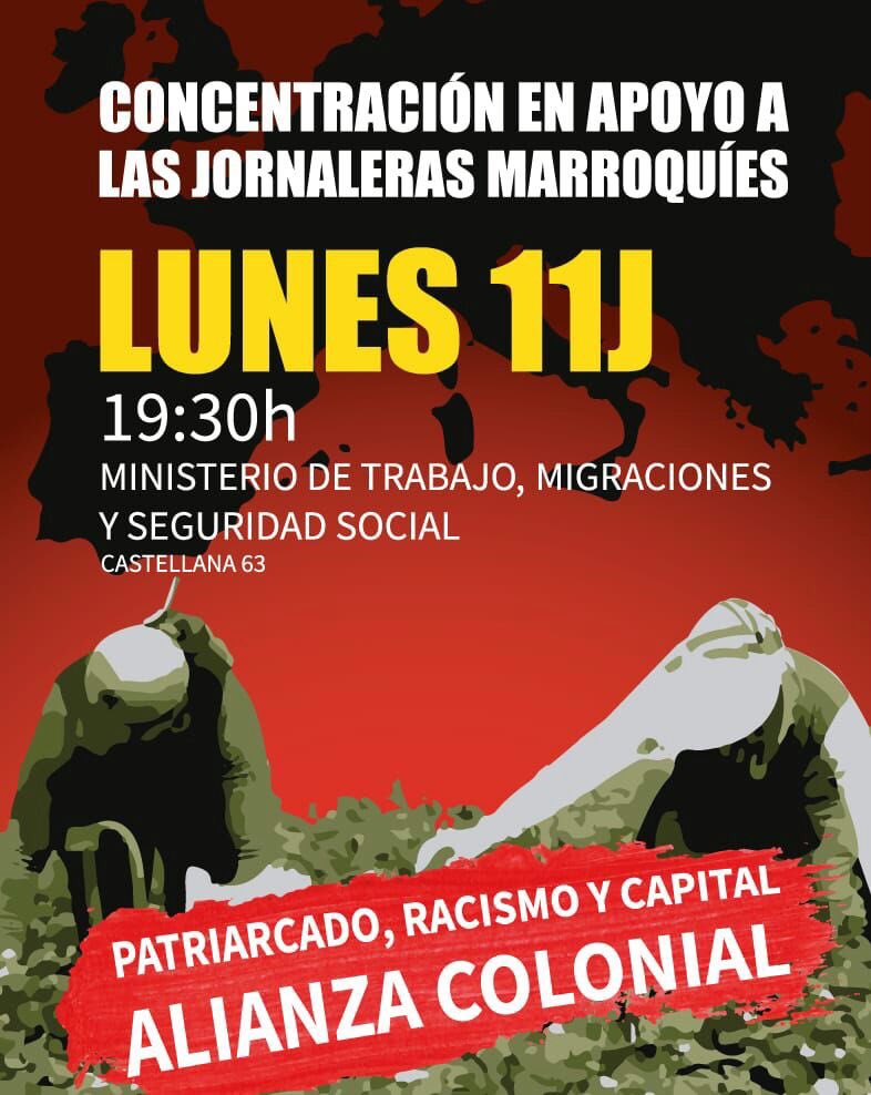 HuelgaFeminista's tweet photo. Convocatorias en apoyo a las jornaleras marroquíes en #Huelva

📢 Madrid 11 de junio 19:30h‼️
📢 Zaragoza 13 de junio 19h
📢 Huelva y Barcelona 17 de junio

No mas #AcosoSexual 
No mas #ExplotacionLaboral
No mas #Racismo

Lista gracias a @racismenstanca:
https://t.co/t3eZzHdD7C https://t.co/SE6udSmeOP