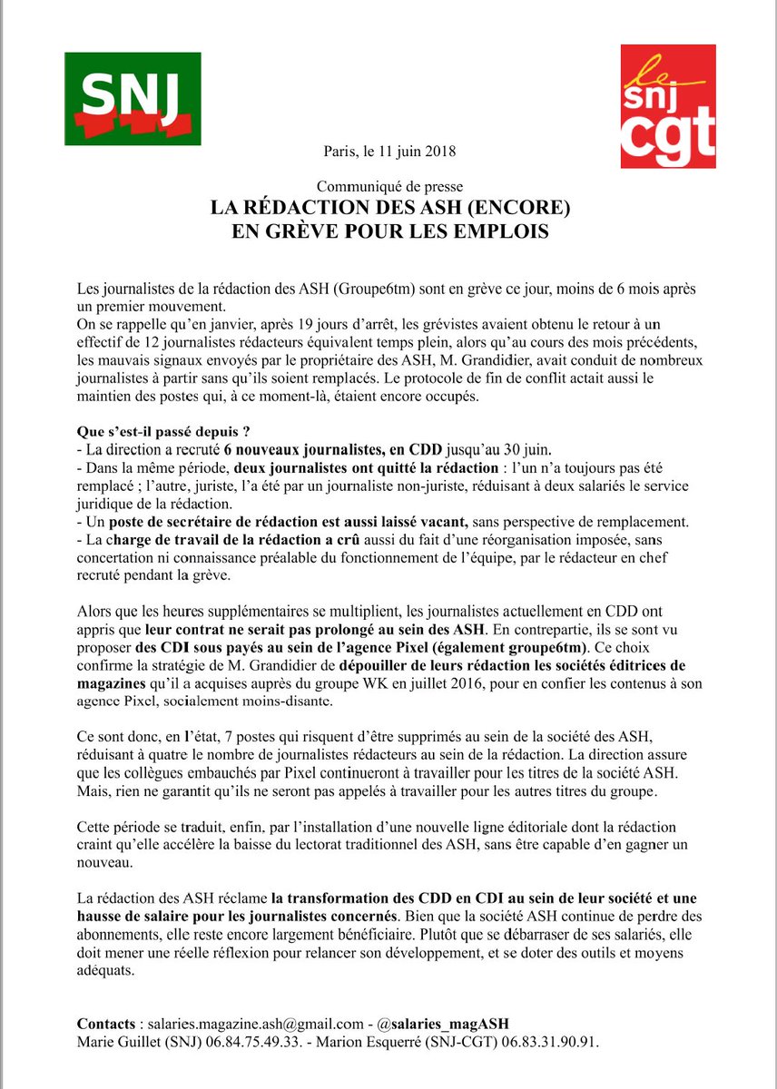 salaries_magASH's tweet photo. L'intégralité de la rédaction des ASH est de nouveau en grève pour le maintien des emplois. Tous vos soutiens sont les bienvenus ! #ASHengrève
N’hésitez à nous écrire à salaries.magazine.ash@gmail.com. Voilà aussi de quoi exprimer votre solidarité ✊ : https://t.co/YqXZiG8KTT … https://t.co/rnNPooutTO