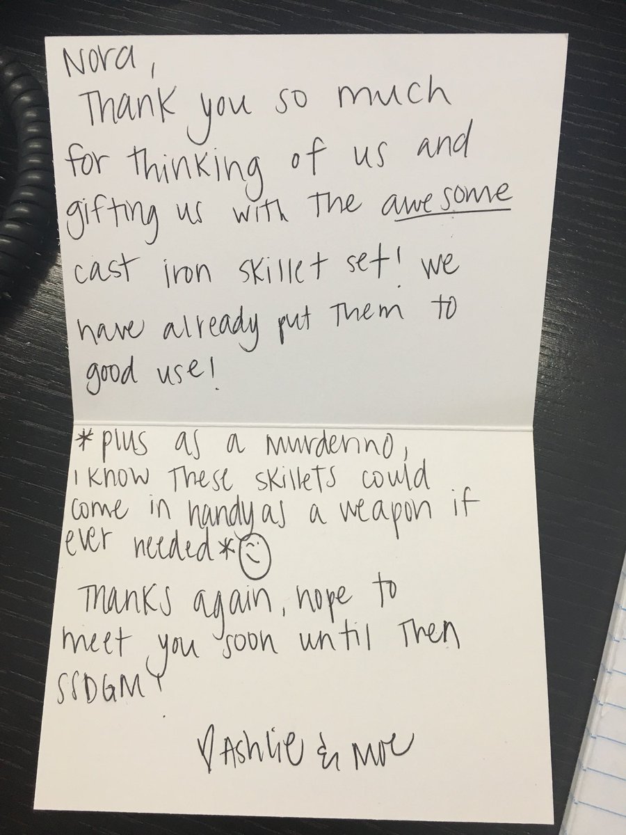 I introduced my coworkers wife (whom I’ve not yet met)to MFM through her husband and through work convos about serial killers. She sent sent me the best thank you note for a wedding gift that I’ve ever received. <a href="/MyFavMurder/">My Favorite Murder</a>