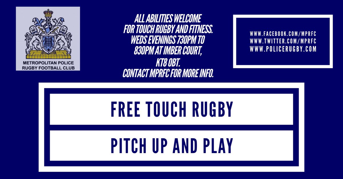 MPRFC's tweet photo. Free Touch rugby throughout the summer! 🏉☀️

Every Wednesday 19:30-20:30 at @ImberCourt KT8 0BT.

All abilities welcome, men &amp; women (over 17). 

Pitch up and play or DM for dets. 

https://t.co/GDY8bnAwv6

#notjustcops #rugby #touch #freerugby #grassroots https://t.co/j1cA804l5f
