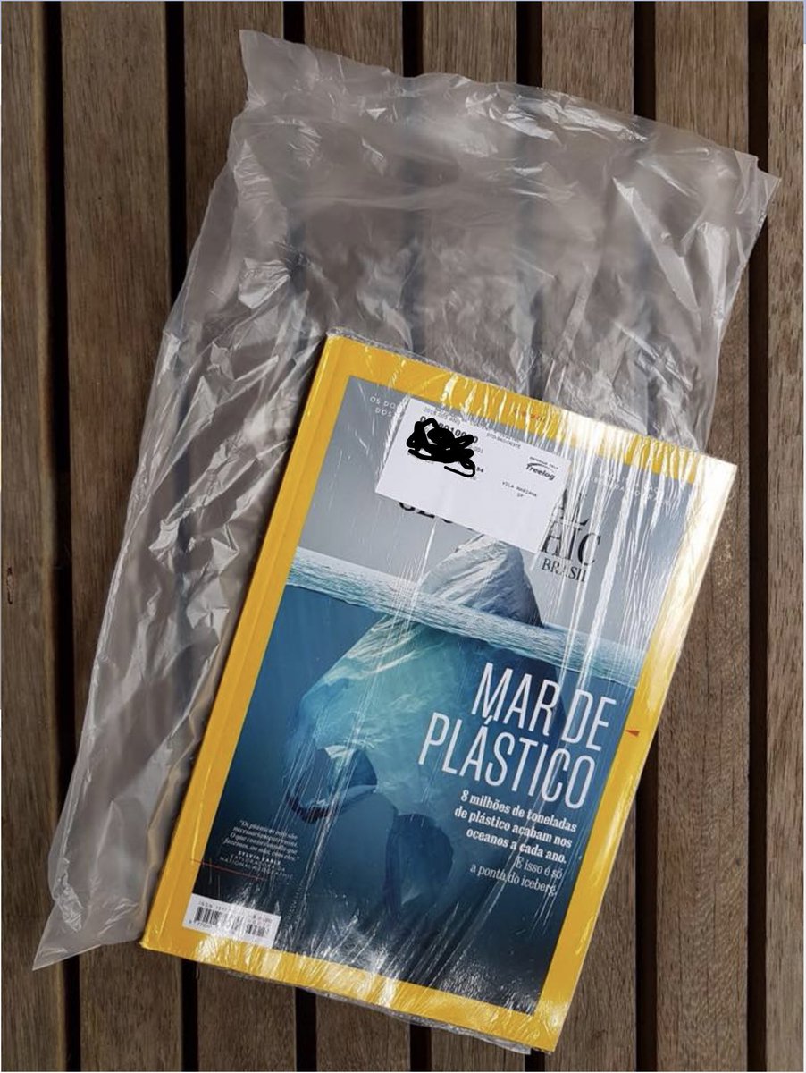 Delahuntagram's tweet photo. National Geographic magazine that warns about danger of plastic bags comes inside a plastic bag that is inside a plastic bag. https://t.co/tp22FJWJrq