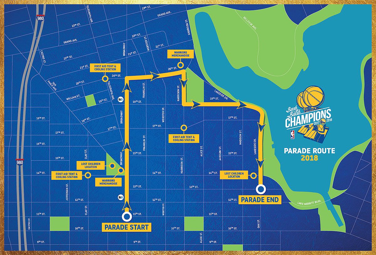 Get ready Bay Area! The <a href="/warriors/">Golden State Warriors</a> championship parade is tomorrow!🙌🏾🥳🎉
Starting at 11am at Broadway and 11th in downtown. Please note there is no post-parade rally this year. Take <a href="/SFBART/">BART</a> and get off at 12th St. or 19th St. Map via <a href="/NBA/">NBA</a> 
More info: nba.com/warriors/news/…