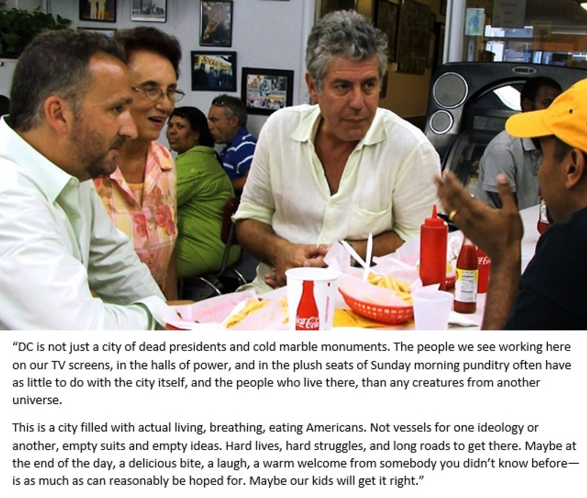 councilofdc's tweet photo. Anthony Bourdain's quote, on the District vs. Washington, from the conclusion of his 2009 "No Reservations" show about DC. RIP. https://t.co/zHjPdg22Z6