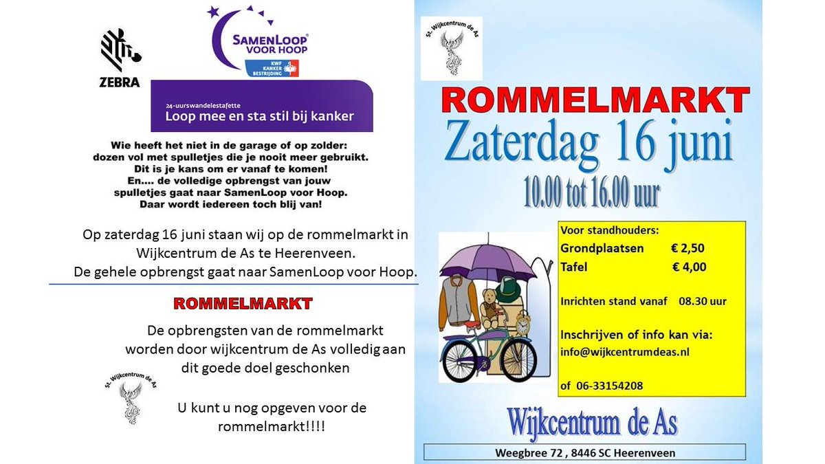 Heeft u nog spulletjes die u graag kwijt wil? Kom deze verkopen op de rommelmarkt op 16 juni in Wijkcentrum De As. Er zijn nog plaatsen beschikbaar!