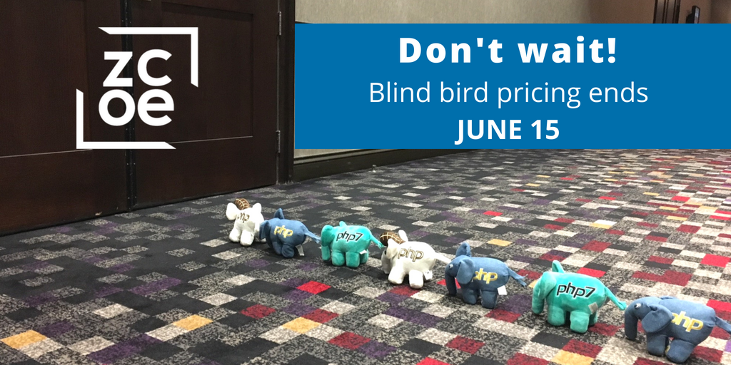zendcon's tweet photo. 5 days left to save $500!

Blind bird pricing ends Friday June 15 (or while tickets last!)

https://t.co/sne4U7PNOf

#Cloud #OpenSource #PHP #phpug https://t.co/ZDQhv6el2D