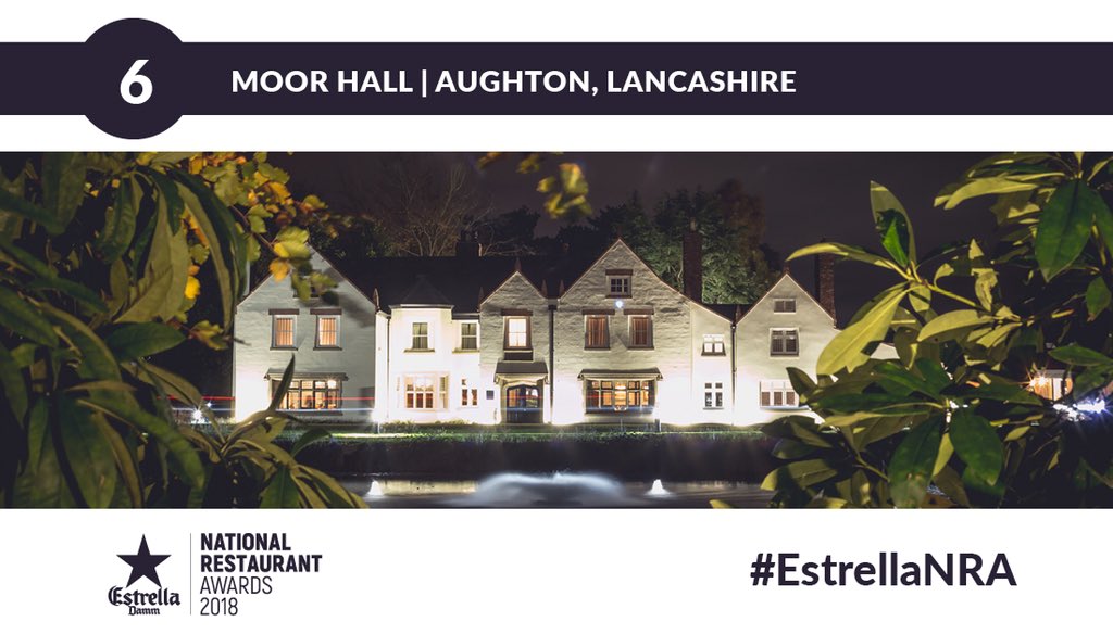 BigHospitality's tweet photo. Mark Birchallโs Lancashire restaurant @restmoorhall is in at number six. It was number 70 last year so quite a jump #EstrellaNRA https://t.co/OnwbKjtYaP