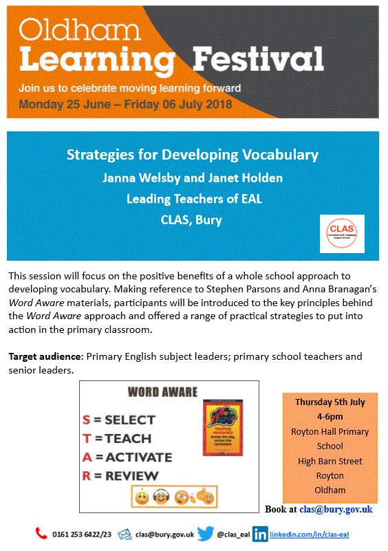 CLAS (@clas_eal) on Twitter photo Don't miss the Oldham Learning Festival! Our professional learning session for teachers is at Royton Hall Primary, Thursday 5th July 4-6pm with lots of great strategies for developing vocabulary across the school oldhamlearningfestival.co.uk/p/thursday-5-j… Book your free place at clas@bury.gov.uk Don't miss the Oldham Learning Festival! Our professional learning session for teachers is at Royton Hall Primary, Thursday 5th July 4-6pm with lots of great strategies for developing vocabulary across the school oldhamlearningfestival.co.uk/p/thursday-5-j… Book your free place at clas@bury.gov.uk