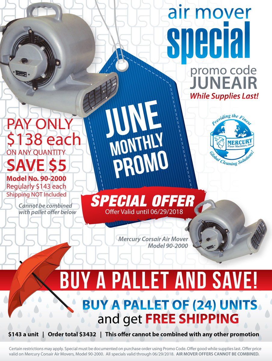UltimateSolTeam's tweet image. Check out our JUNE MONTHLY PROMO! Save on our Mercury 90-2000 Corsair Air Mover by choosing between two different specials. Expand the image below to learn more! mercuryfloormachines.com  | 1-800-983-5834 #airmover #blower