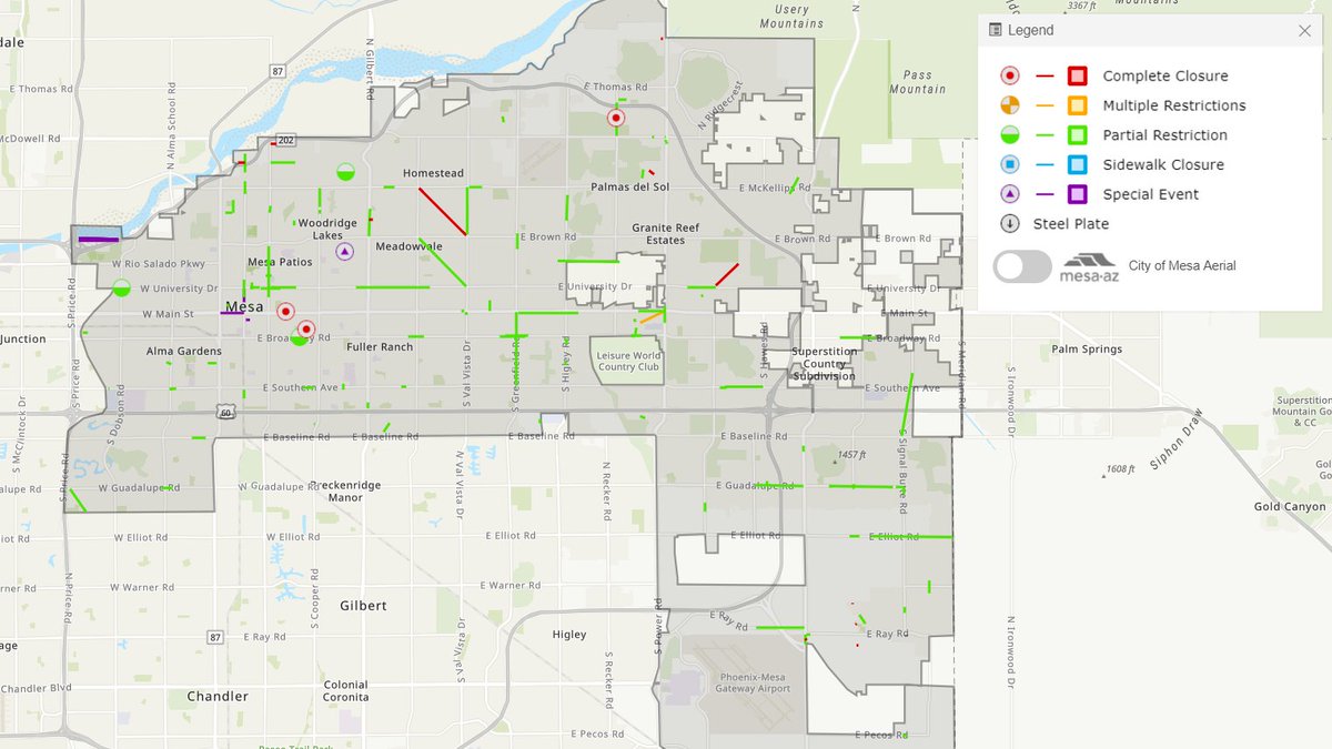 CITYOFMESA's tweet image. Use the #MesaAZ mTrac map to know where road restrictions are and how long they're scheduled to last. 🗺️The map is now responsive for mobile devices. 📱 Check it out 👉 fal.cn/y.IU #mesatraffic #trafficmap