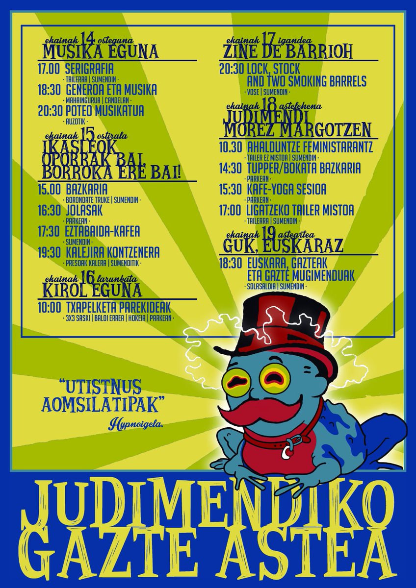 JudimendikoGA's tweet photo. 💥JUDIMENDIKO GAZTE ASTE KULTURALA HEMEN DA!
Musika eta generoa, ikasleon kafe tertulia, kirolak, zinema, ahalduntze feministaratz tailerra, nola ligatu  sano, euskara eta gazte mugimenduen inguruko hitzaldia..
Astebetez egitarau ezinhobea prestatu dugu animatu eta parte hartu! https://t.co/ABrBKmS7vN