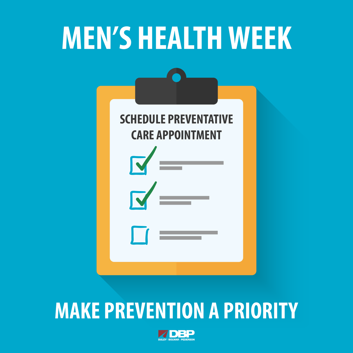 DBPbenefits's tweet photo. Make prevention priority. Many health conditions can be detected early. One of the best ways to stay healthy is to get an annual preventative care checkup. Schedule an appointment with your healthcare provider today! #menshealthweek https://t.co/apkcQxIYyr