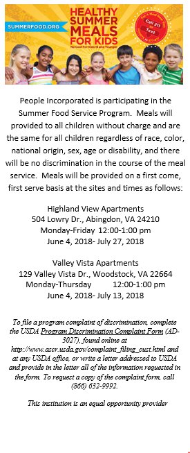 peopleincofva's tweet photo. Our FREE summer meal program continues in Abingdon &amp; Woodstock today! We're serving free lunches to children in these locations Monday - Friday, and lunches are open to all children,  regardless of race, color, national origin, sex, age, or disability! https://t.co/KAMb5whlYe