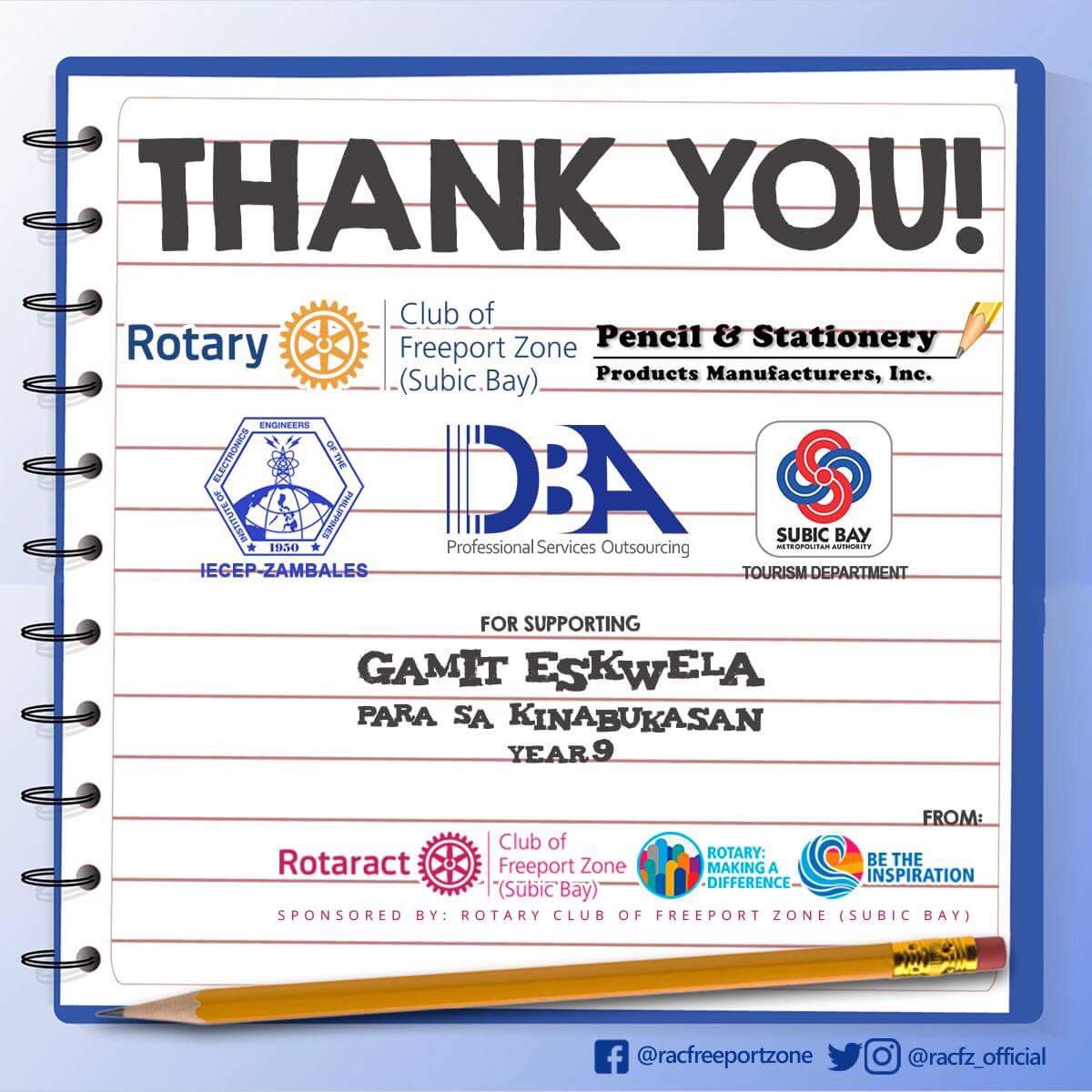 We would like to express our utmost appreciation to our partners in service for making Gamit Eskwela Year 9 possible:

Thank you for bringing joy to those who are in need!

Together, we are making a difference!

We hope to see you in our next projects!