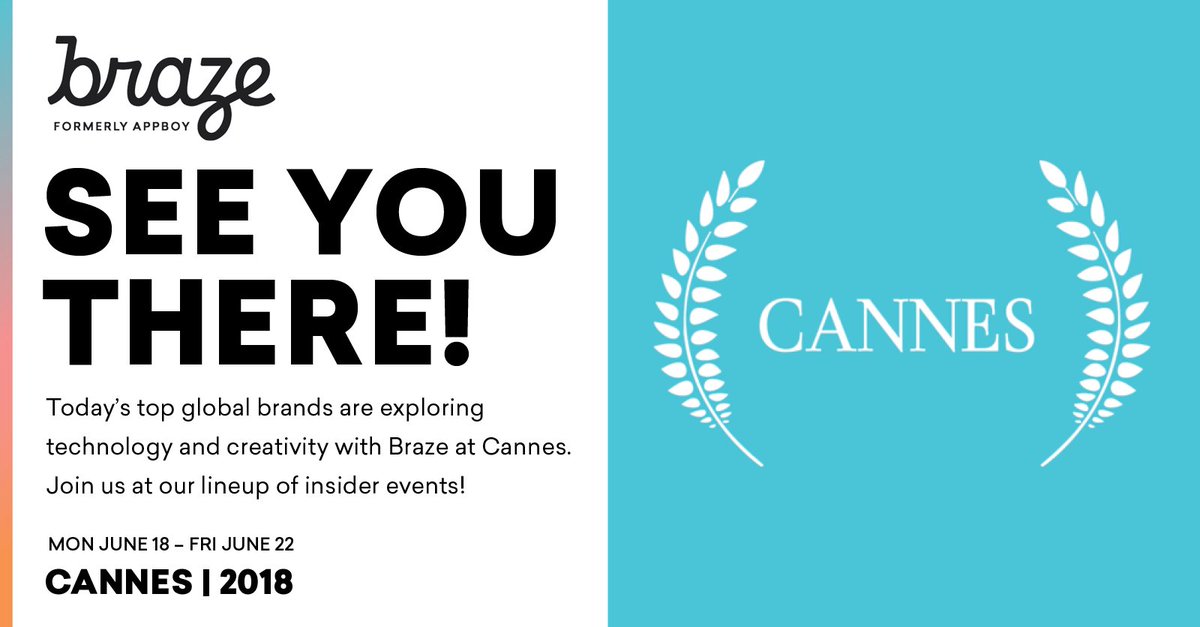 Braze's tweet photo. One week away—Cannes you believe it? Meet the Braze team at @Cannes_Lions and join us on the ground at one of our activations! 😎 https://t.co/JZ6WSQvXJ3 https://t.co/WjIqRQMX32