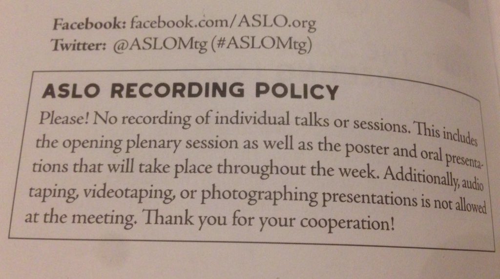 gkalinkat's tweet photo. Pretty surprised that livetweeting presentations and presenters' slides is prohibited at #aslo2018 #aslo18 #ASLOMtg @aslo_org https://t.co/GjjAAqVtMi