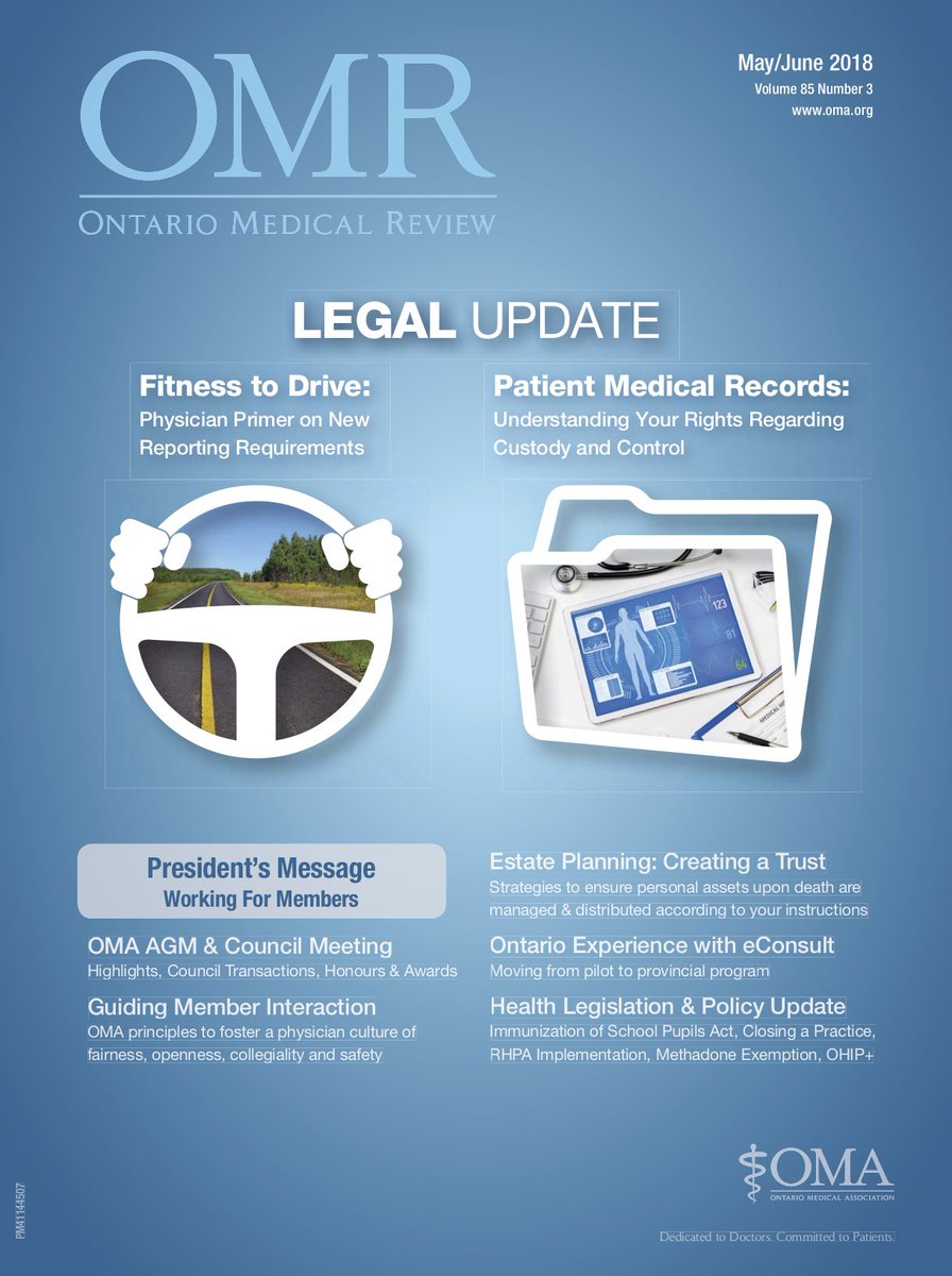 OntariosDoctors's tweet photo. The May/June edition of the Ontario Medical Review is now available on-line for members! Check out highlights from #OMACouncil18 and our #NotaSecondLonger campaign: https://t.co/5BZaykpaen #OntMedReview https://t.co/VVJOGAytRg