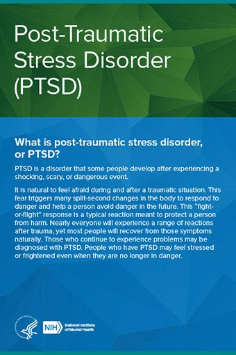 NIH_Innovates's tweet photo. Many people may experience a range of reactions after trauma yet most people recover from initial symptoms naturally. Those who continue to experience symptoms may be diagnosed with post-traumatic stress disorder (PTSD). Learn more for #PTSDawareness month:https://t.co/i56CexXomO https://t.co/cXlVBqCPAb