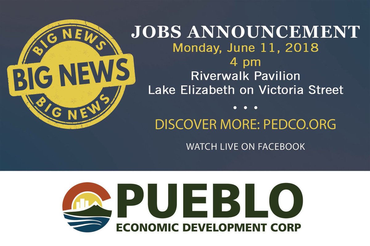 PuebloEconDev's tweet photo. Please join us today at 4:00 as we welcome a new company to Pueblo. https://t.co/qXEHTvSQB0